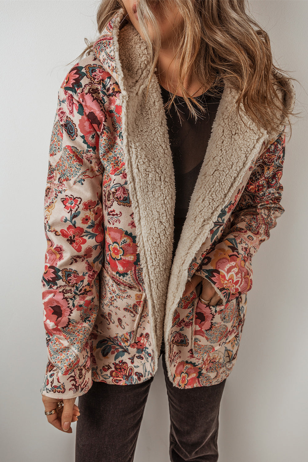 Beige Vintage Paisley Floral Printed Sherpa Lined Hooded Jacket