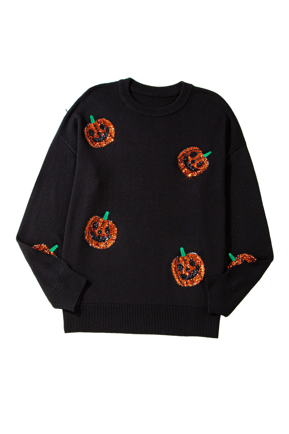 Black Plus Size Halloween Sequined Pumpkin Pattern Sweater