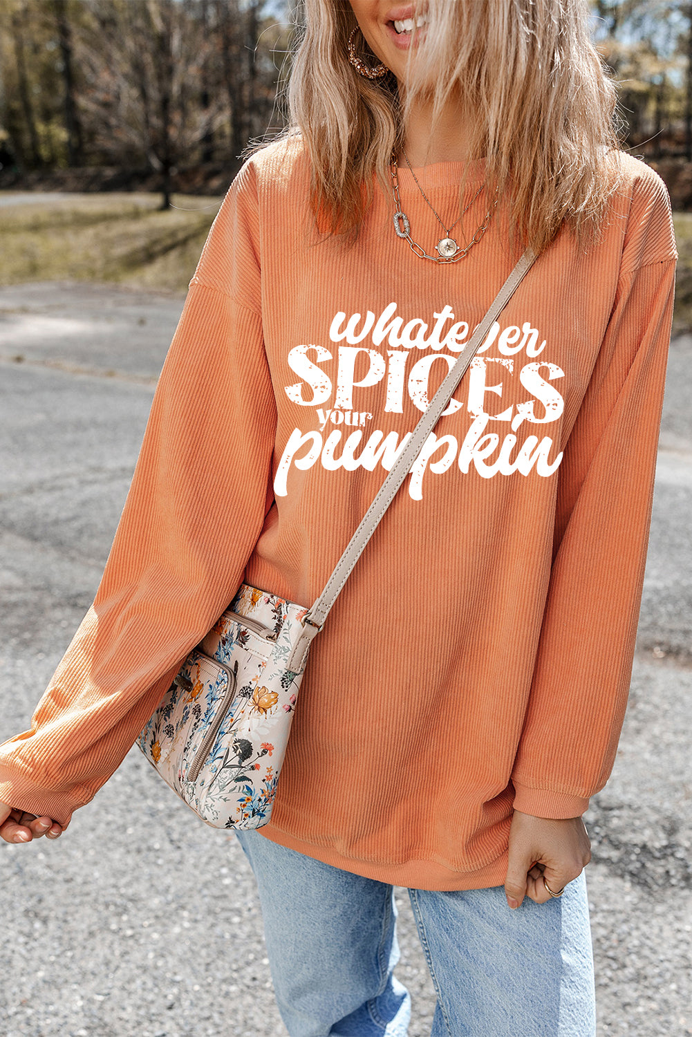 Orange Whatever Spices Your Pumpkin Graphic Corded Pullover Sweatshirt