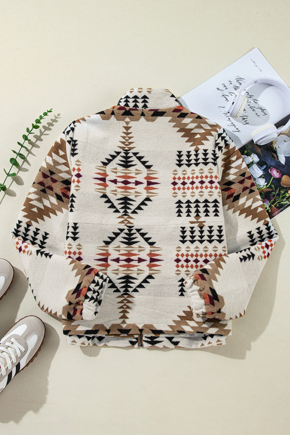 Beige Aztec Printed Stand Neck Zip Up Jacket