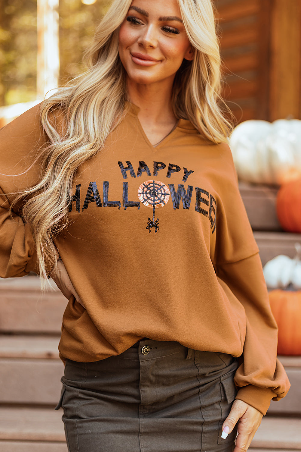 Chestnut Sequin Happy Halloween Graphic Notched Neck Long Sleeve Loose Top