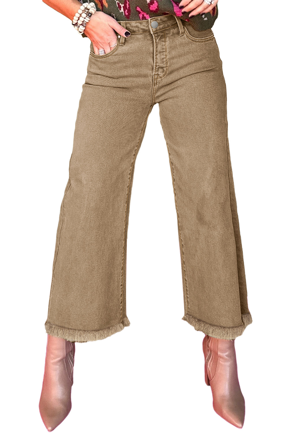 Light French Beige Acid Washed High Rise Cropped Wide Leg Jeans