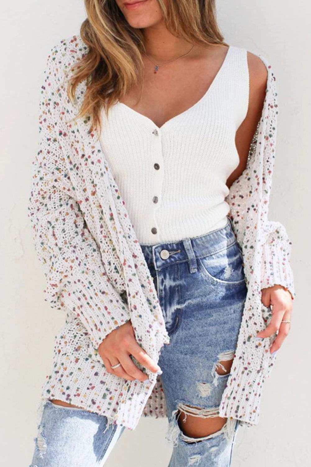 White Confetti Rib Knit Long Sleeve Cardigan