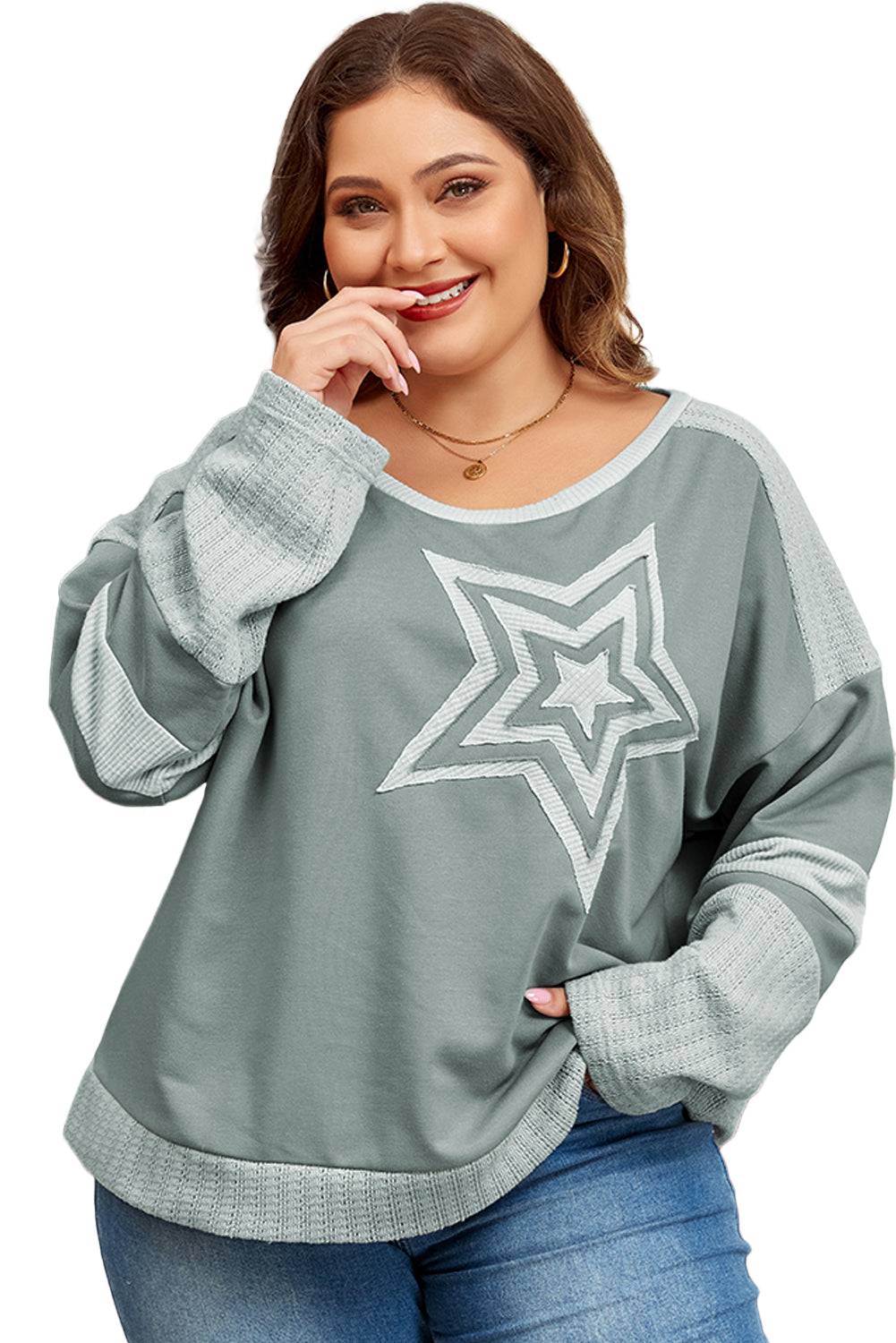 Mist Green Stars Patchwork Round Neck Plus Size T Shirt